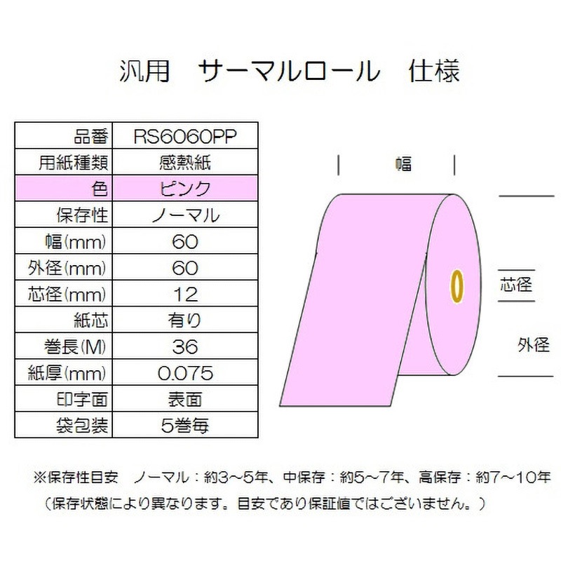 サーマルロール紙 幅60mm 外径60mm 感熱紙 ピンク色 1箱 100巻 RS6060PP