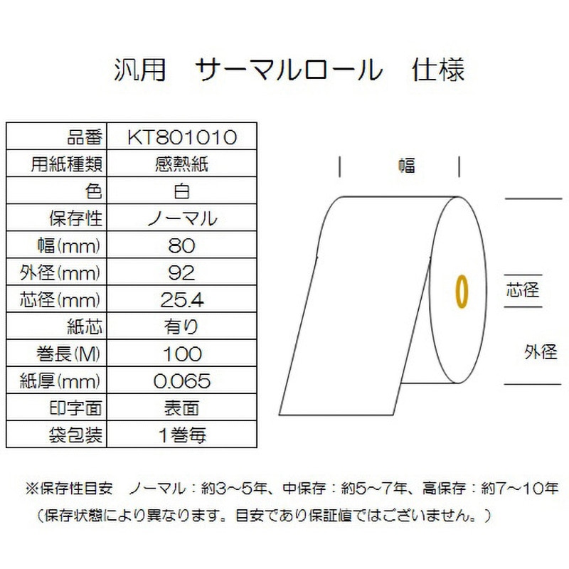 KT801010 サーマルロール紙 幅80mm 巻長100M コウナン 白色 感熱紙 外 