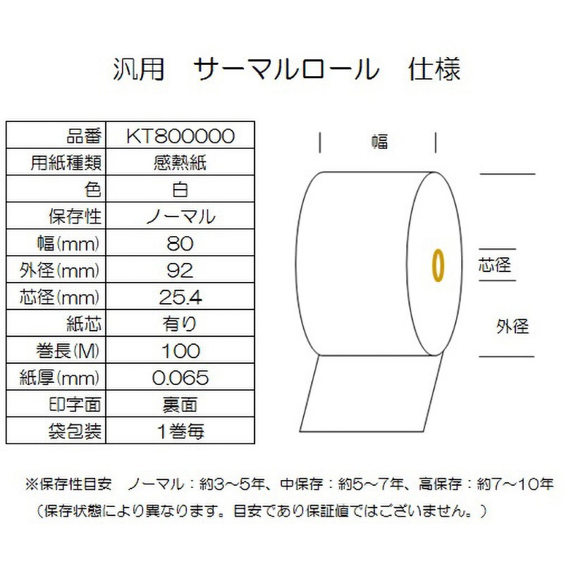KT800000 サーマルロール紙 幅80mm 巻長100M コウナン 白色 感熱 KT800000 サーマルロール紙 幅80mm 巻長100M コウナン 白色 感熱