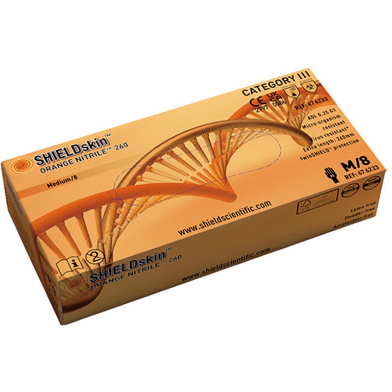 p-04b オレンジ 耐薬手袋 ORANGE NITRILE 90枚入 Shield Scientific 全長260mm