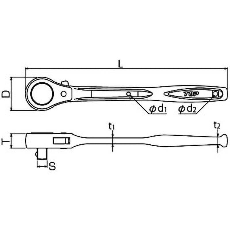 RH-4R 強力型ラチェットハンドル トップ工業 質量440g 差込角12.7(1/2