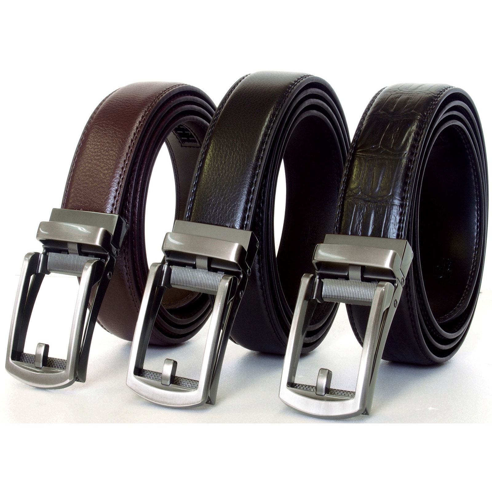 04554 牛革ラチェット式ベルト3本組 黒・茶・黒(クロコ型押し) ノー