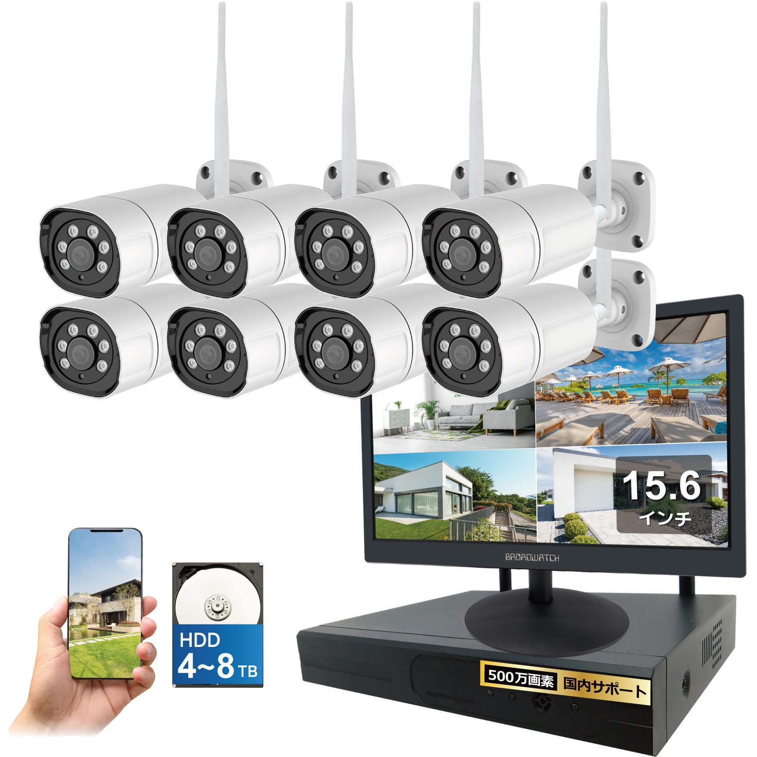 SEC-W-G8CH-16L-8T ワイヤレス500万画素(8台)カメラ・録画機(HDD8TB付)・16インチモニター防犯セット ブロードウォッチ センサー1/2.8 CMOS