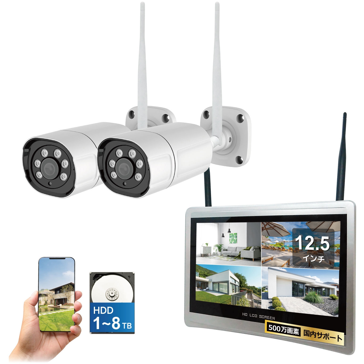 SEC-W-GL2CH-4T ワイヤレス500万画素(2台)カメラ・12.5インチモニター録画機(HDD4TB付)一体型防犯セット ブロードウォッチ センサー1/2.8 CMOS