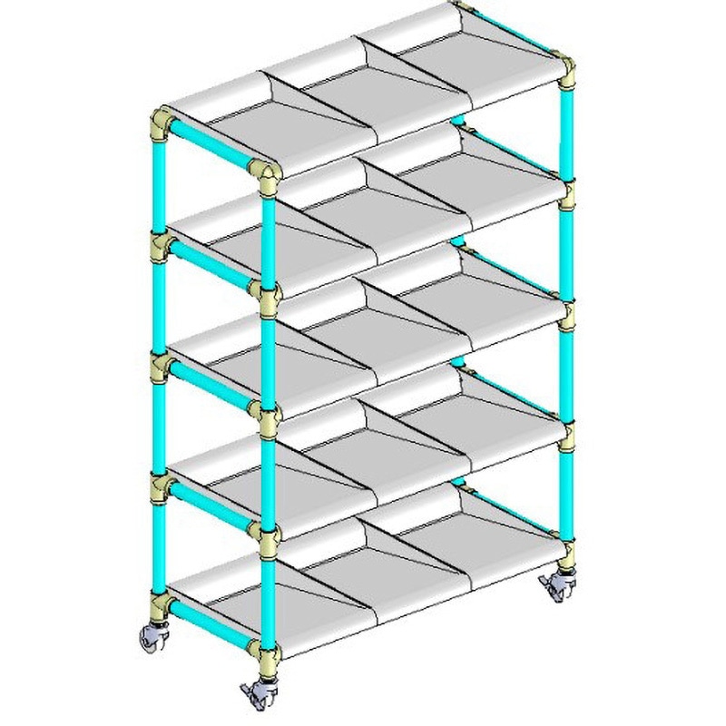 ブルー イレクター製短靴ラック3列5段 15足用 ホワイトトレイ 矢崎化工 奥行376mm高さ1217mm