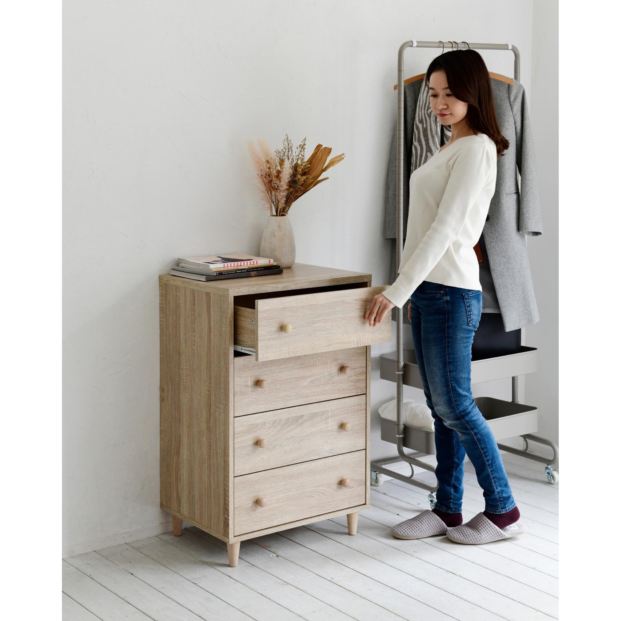 FCL-4W(OAK) 脚付き木製チェスト YAMAZEN(山善) 4段 オーク(木目