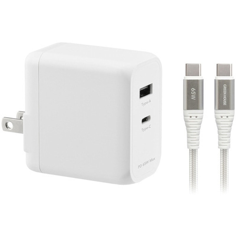 GH-ACU2GC-WH USB-AC充電器 2ポート GaN PD 65W グリーンハウス