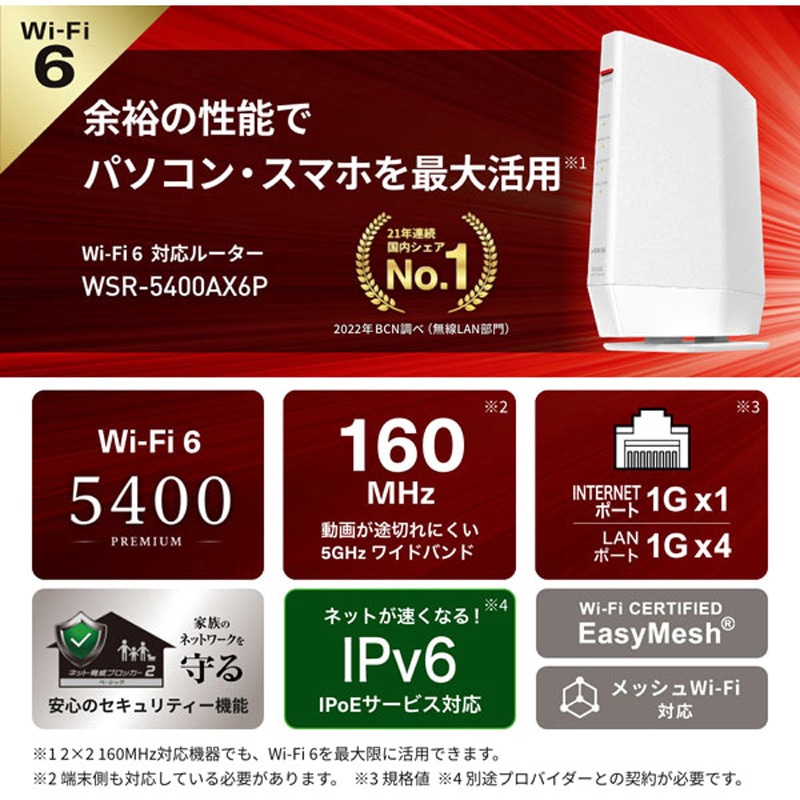 WSR-5400AX6P/DWH 無線LAN親機11ax/ac/n/a/g/b 4803+ 573Mbps 1台