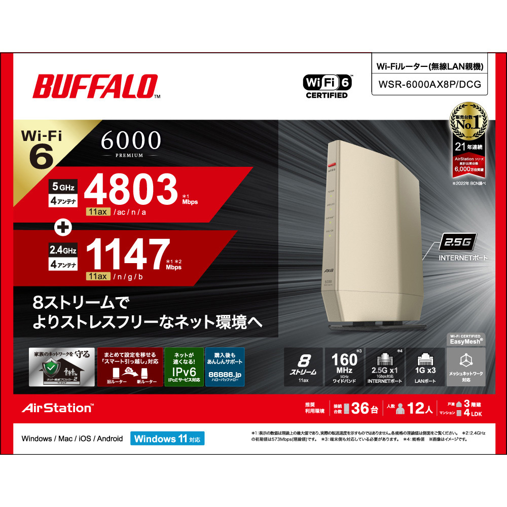 WSR-6000AX8P/DCG 無線LAN親機11ax/ac/n/a/g/b 4803+1147Mbps 1