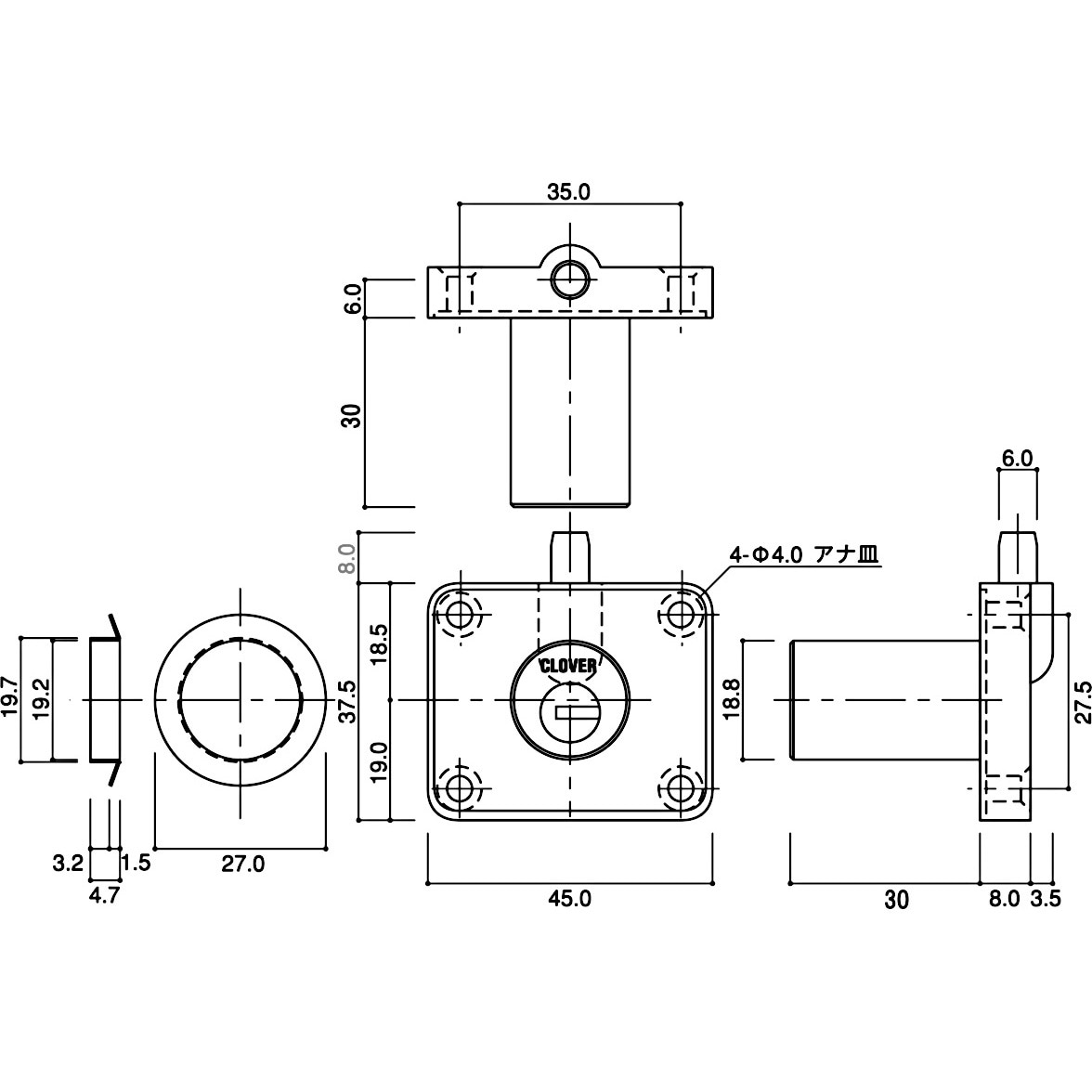 LO-4072 シリンダーロック 木製引出用 CLOVER(クローバ) 適合扉厚28mm 