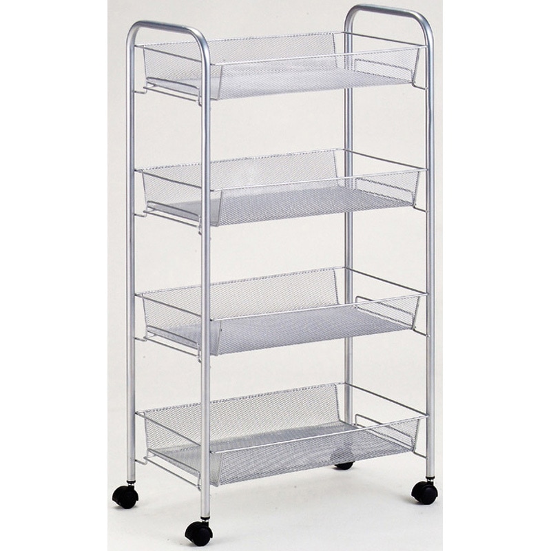 N-7882 メッシュ4段ワゴン パール金属 キャスターあり シルバー色 幅