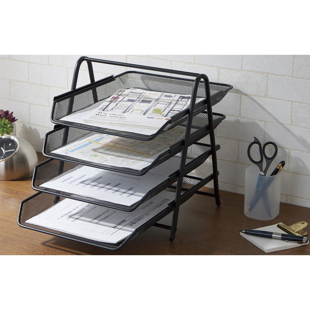 N-7587 ファイルトレー4段 パール金属 ブラック色 サイズA4 N