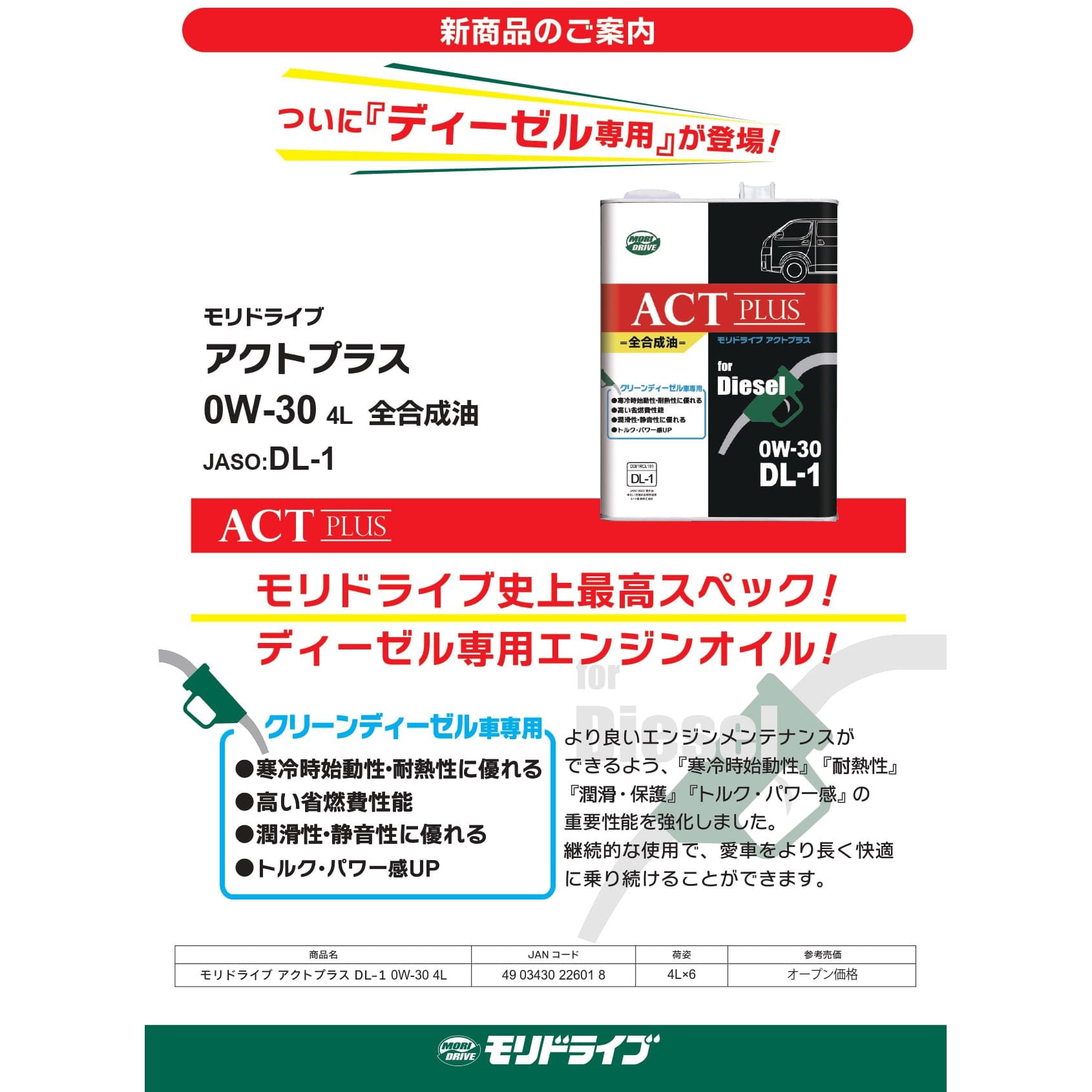 MOBI DRIVE ACT PLUS 0W-30 DL-1　2缶 ディーゼルエンジンオイル アクトプラス モリドライブ JASO規格DL-1