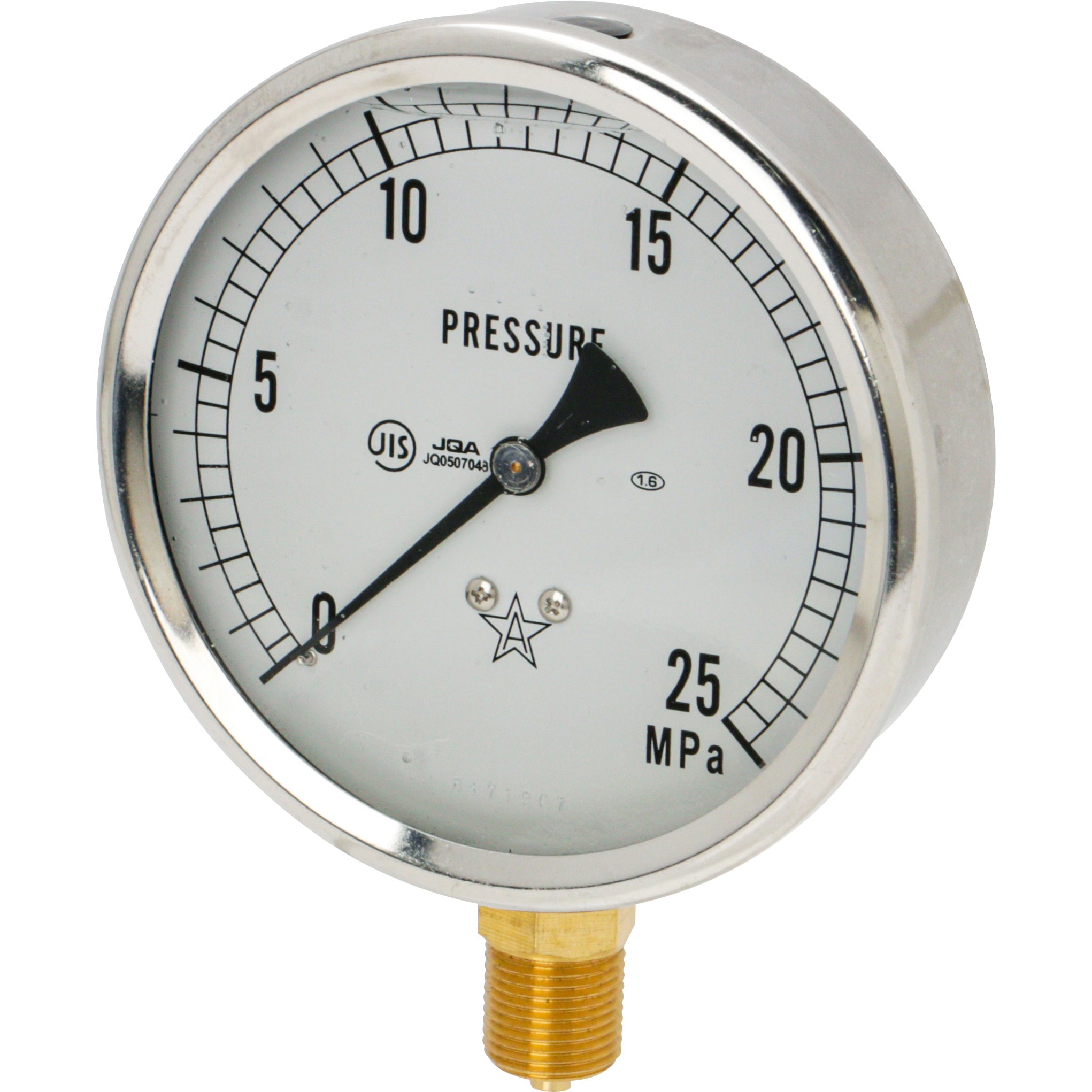 GLT-41-25MPa グリセリン入り圧力計Φ100 右下精器製造 A枠(立型つば無し) 圧力レンジ0～25MPa ねじ径G3/8B