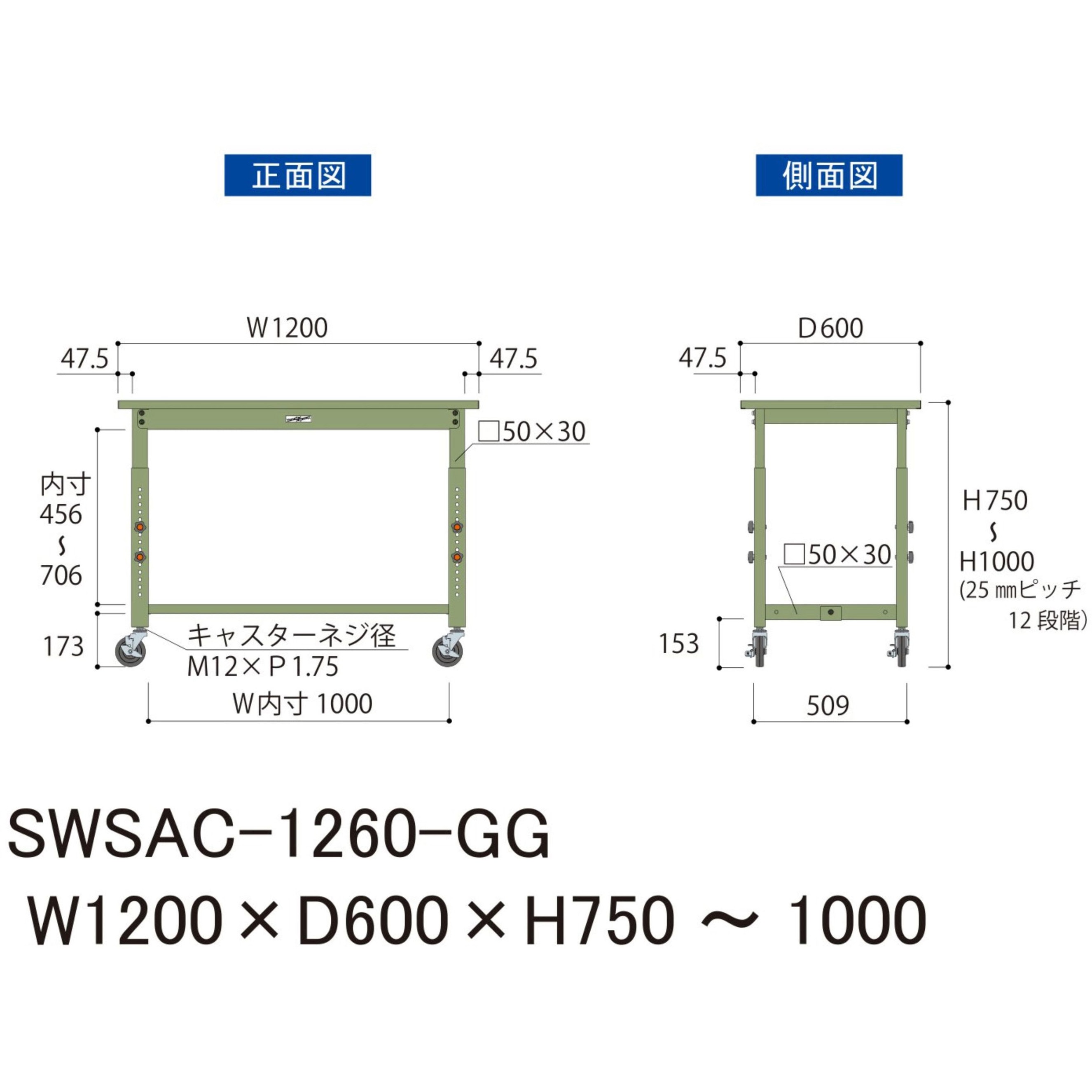 SWSAC-1260-GG 軽量作業台/耐荷重160kg_高さ調整_キャスター付きH750 