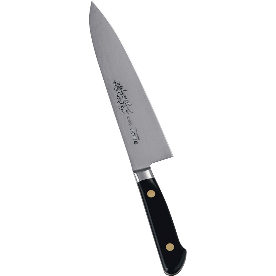 No.112M ミソノEUカーボンスチール 牛刀(花彫刻入) ミソノ刃物 サイズ  