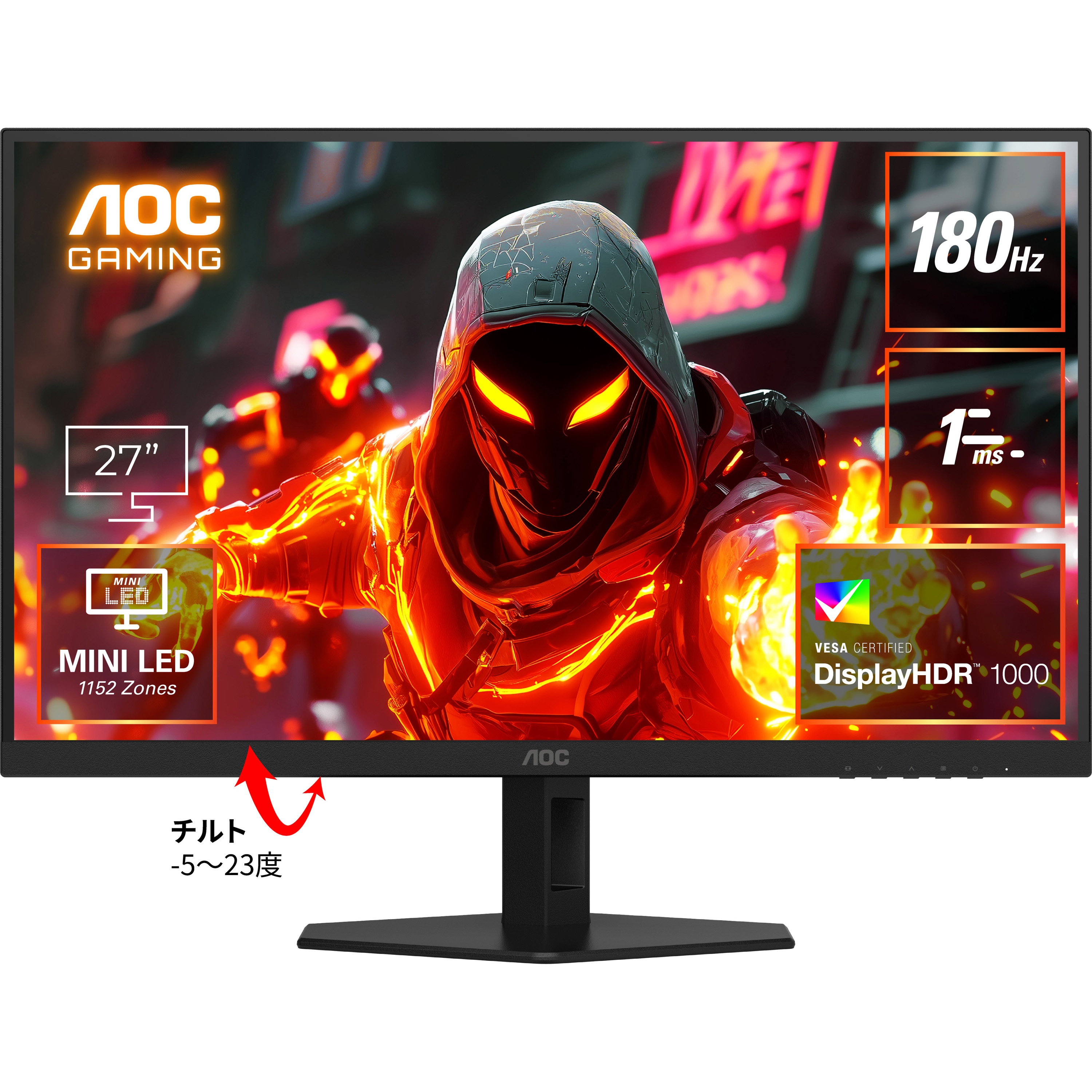 Q27G40XMN/11 ゲーミング液晶ディスプレイ 27型/2560×1440/HDMI、DisplayPort/ブラック/スピーカー：なし/180Hz AOC パネル駆動方式Fast VA with MiniLED 1152Zones ノングレア(反射防止)