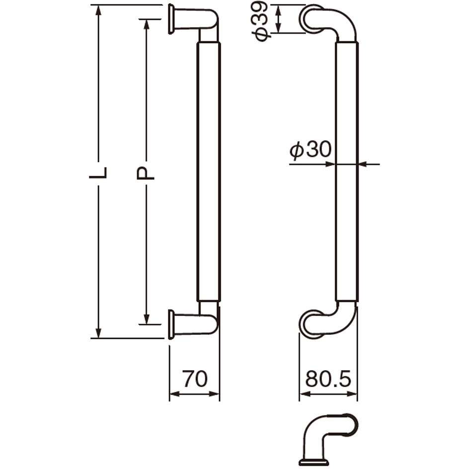 No.131 L型ビッグハーモニー取手 No.131 シロクマ AG/Mオーク仕上 サイズ600高さ70mm 1組(2本)