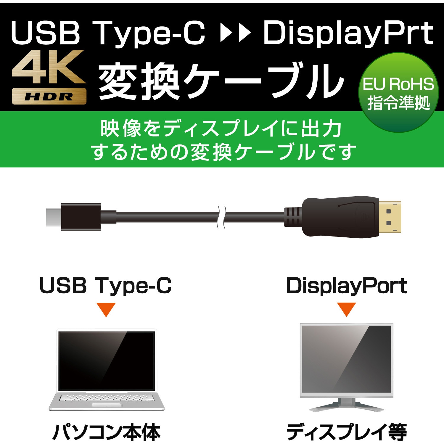 CAC-CDP20BK Type-C変換ケーブル タイプC-DisplayPort 4K対応 ブラック 1個 エレコム 【通販モノタロウ】