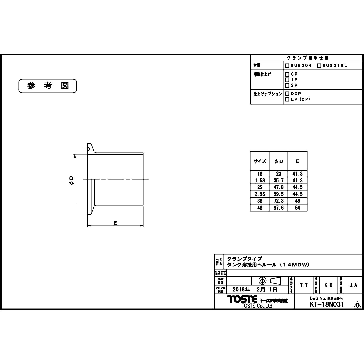 14MDW SUS316L タンク溶接用ヘルール SUS316L トーステ 呼び径2S