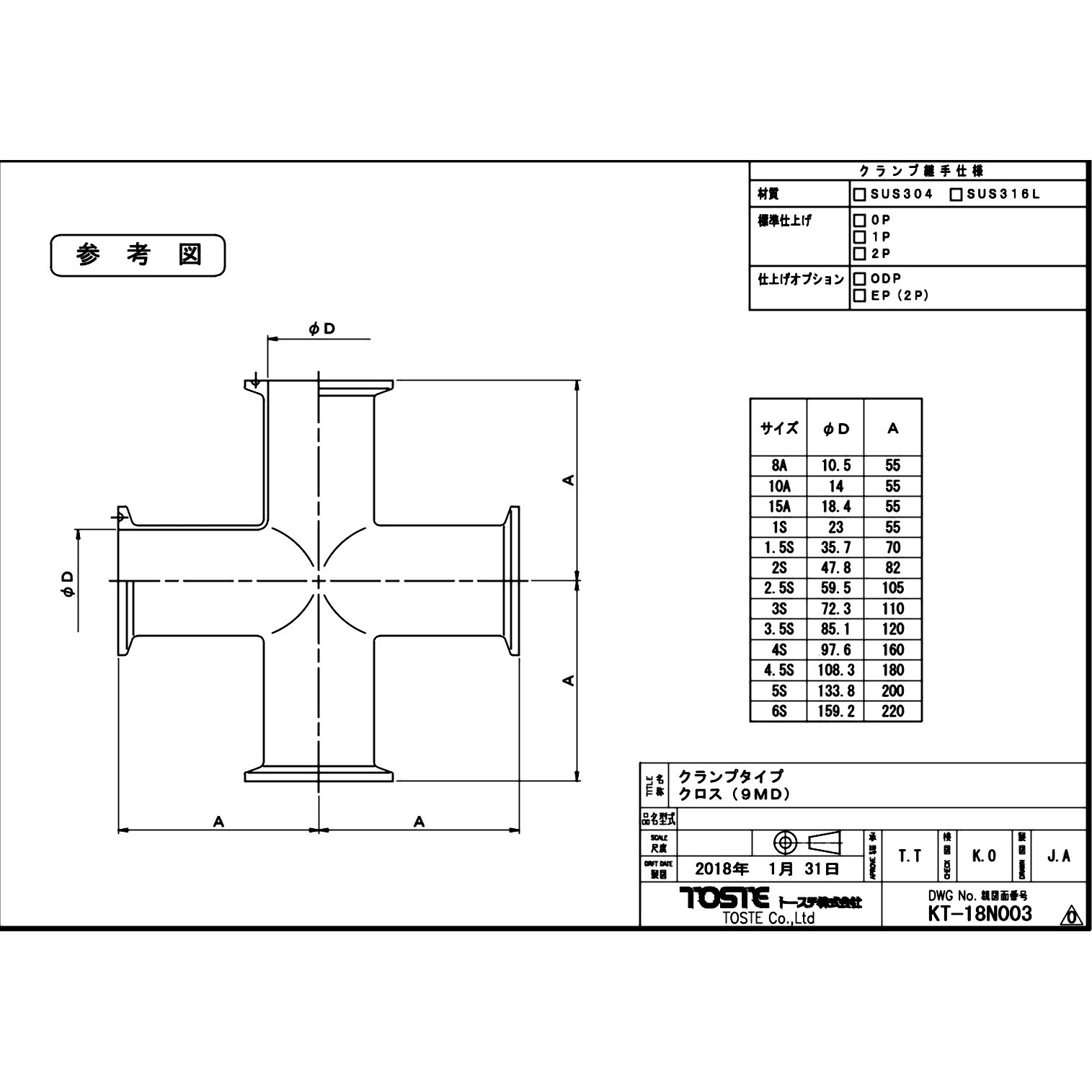 9MD SUS304 クロス SUS304(クランプ接手) トーステ 呼び径3S