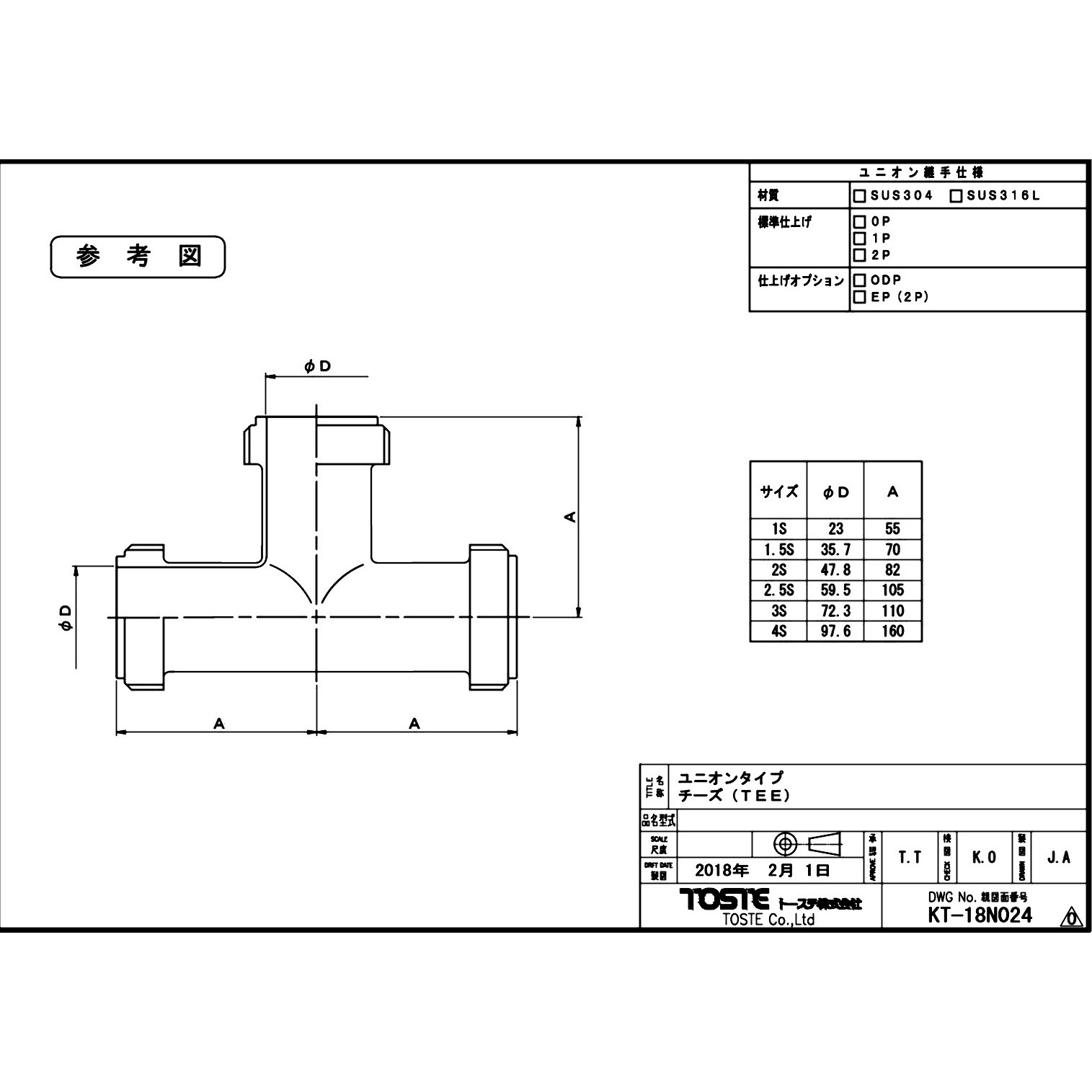 TEE SUS316L チーズ SUS316L(ユニオン接手) トーステ 呼び径1S