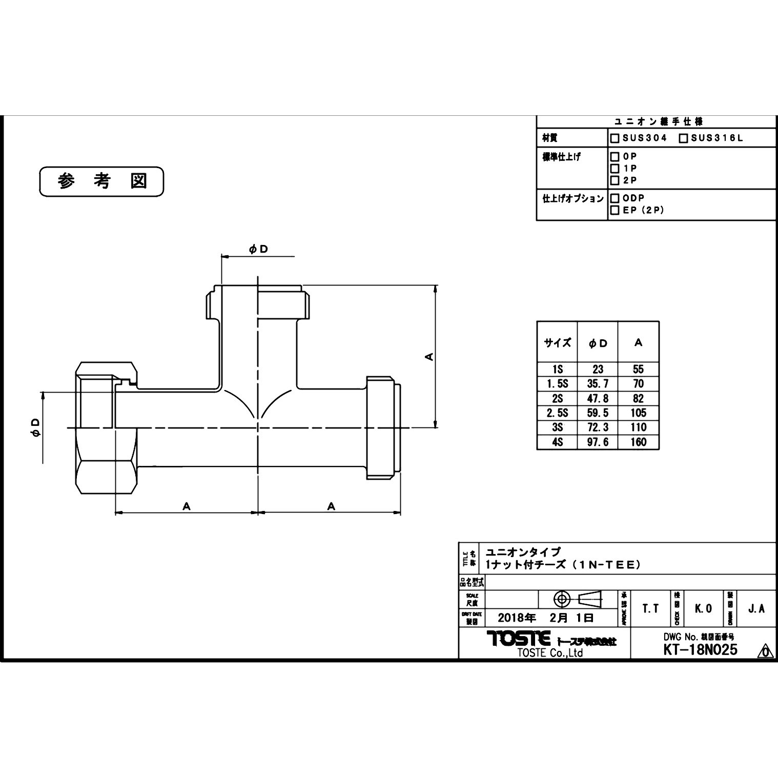 1N-TEE SUS304 1ナット付チーズ (ユニオン接手) トーステ SUS304製 呼び径1S
