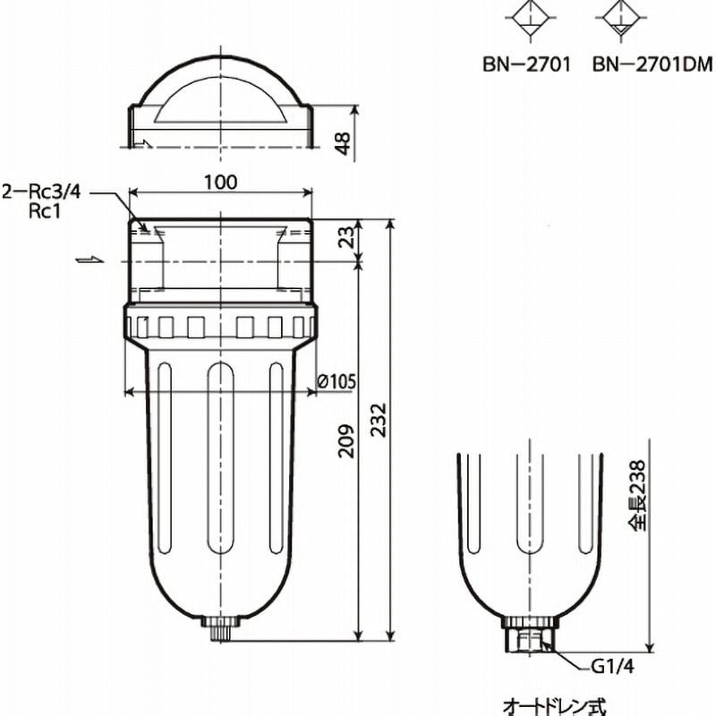 BN-2701AD-8 エアフィルタ 日本精器 ねじの種類Rc 管接続口径1/4 BN