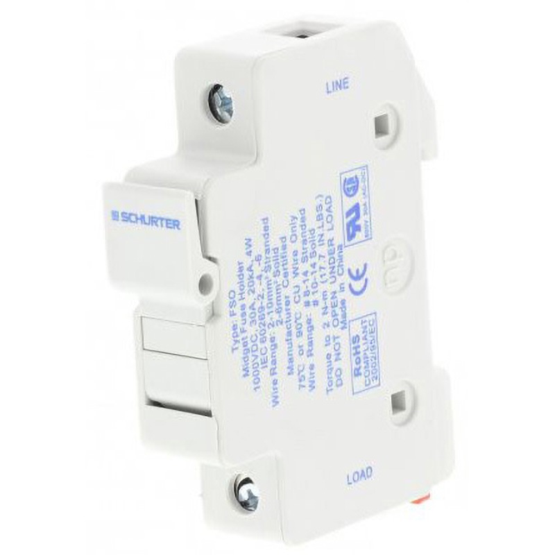 91.0001 レール取り付けヒューズホルダ Schurter 30A， 1kV dc SCHURTER DC1000V 適合ヒューズ管サイズΦ10×38mm 1箱(10個)
