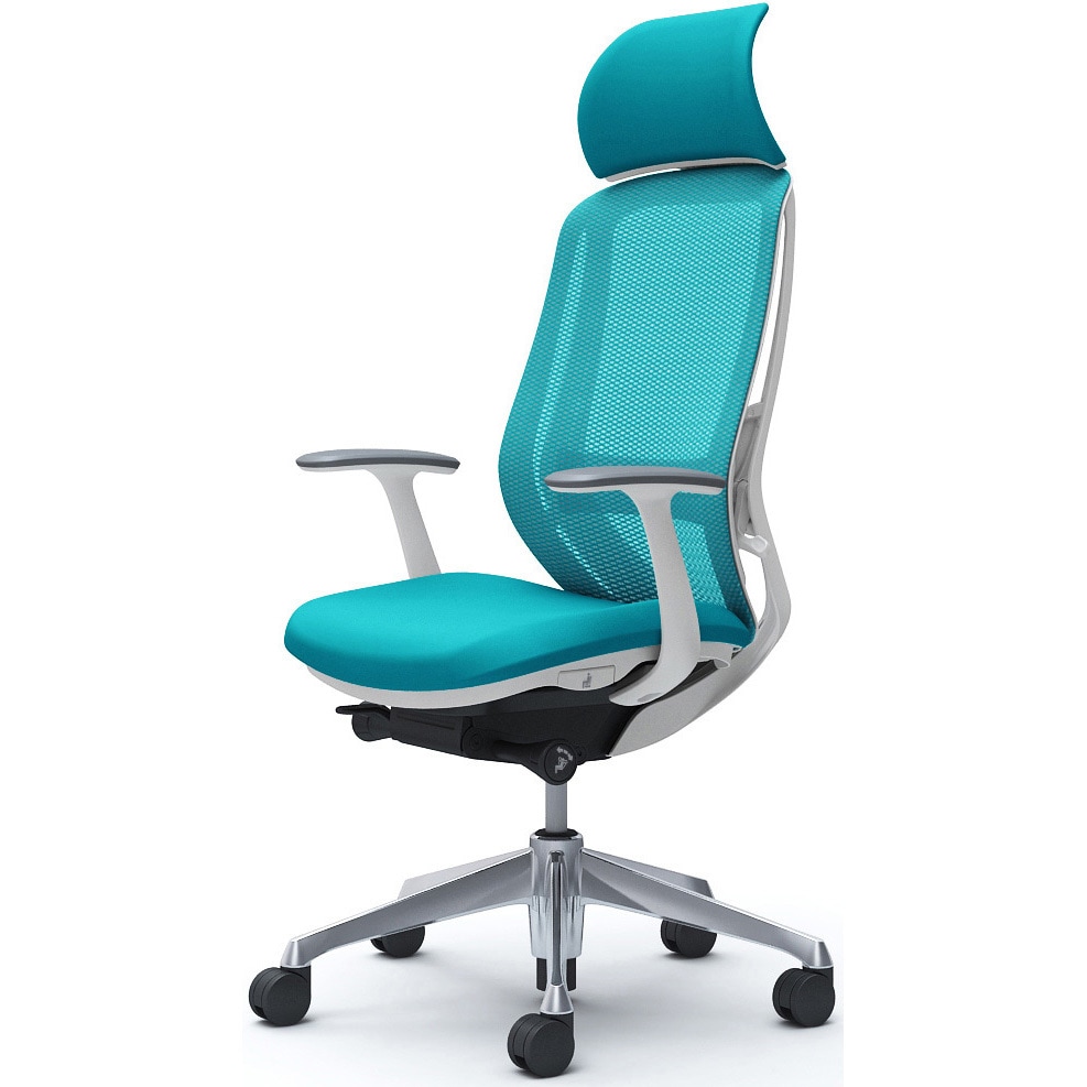 C64ABZ FMR6 シルフィー固定肘 背メッシュEXハイ ホワイトボディ ハンガー無 ランバー有 アルミ脚 オカムラ(岡村製作所) デザインアーム ブルーグリーン色   C64ABZ FMR6