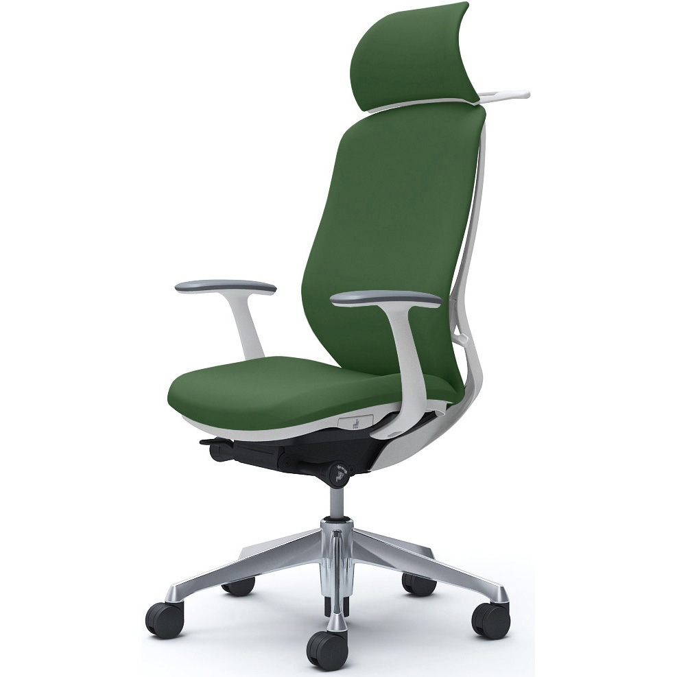 C64DBW FSG5 シルフィー固定肘 背クッションEXハイ ホワイトボディ ハンガー有 ランバー無 アルミ脚 オカムラ(岡村製作所) ダークグリーン色   C64DBW FSG5
