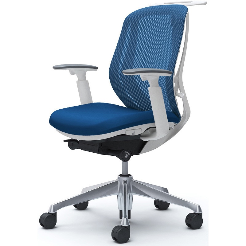 C682BW FMP3 シルフィー 可動肘 背メッシュ ロー ホワイトボディ ハンガー有 ランバー無 アルミ脚 オカムラ(岡村製作所) アジャストアーム ミディアムブルー色   C682BW FMP3