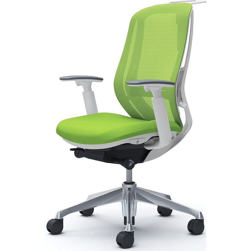 C686BZ FMP5 シルフィー 可動肘 背メッシュ ハイ ホワイトボディ ハンガー有 ランバー有 アルミ脚 オカムラ(岡村製作所) アジャストアーム ライムグリーン色   C686BZ FMP5