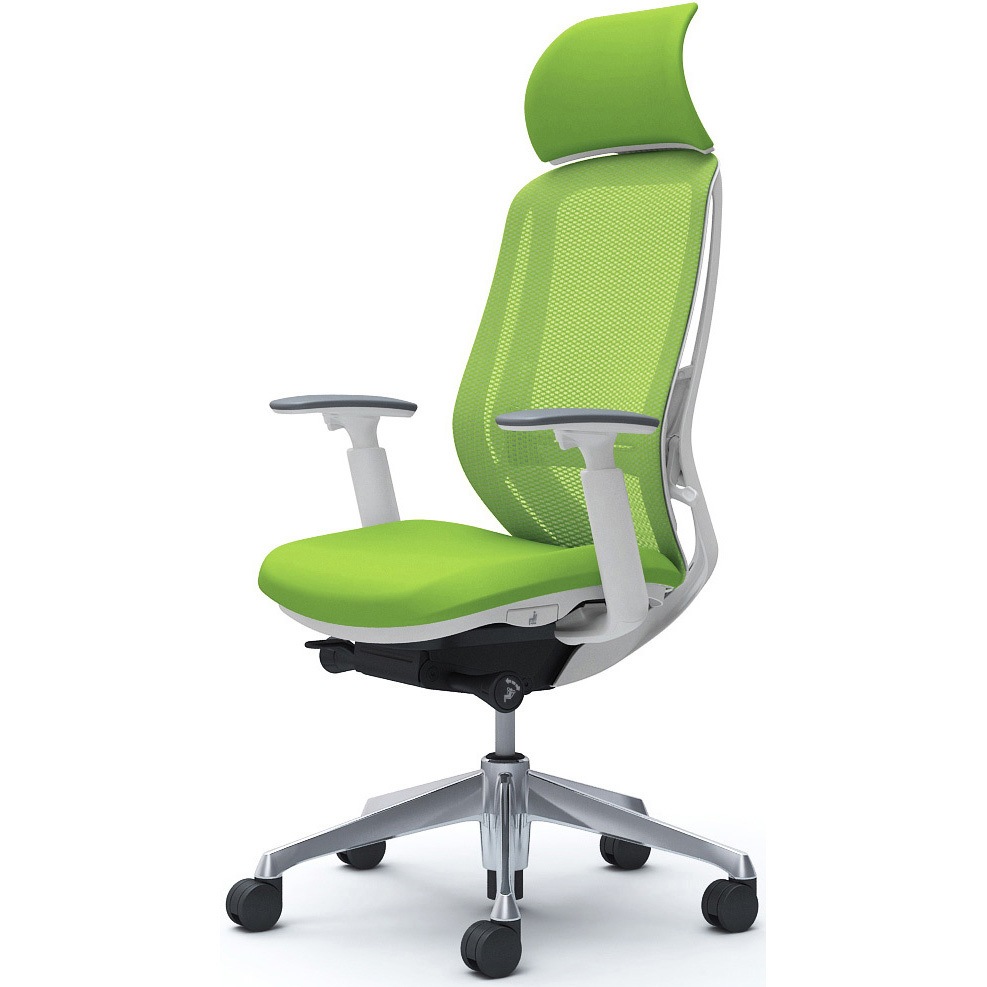 C68ABZ FMP5 シルフィー 可動肘 背メッシュEXハイ ホワイトボディ ハンガー無 ランバー有 アルミ脚 オカムラ(岡村製作所) アジャストアーム ライムグリーン色   C68ABZ FMP5