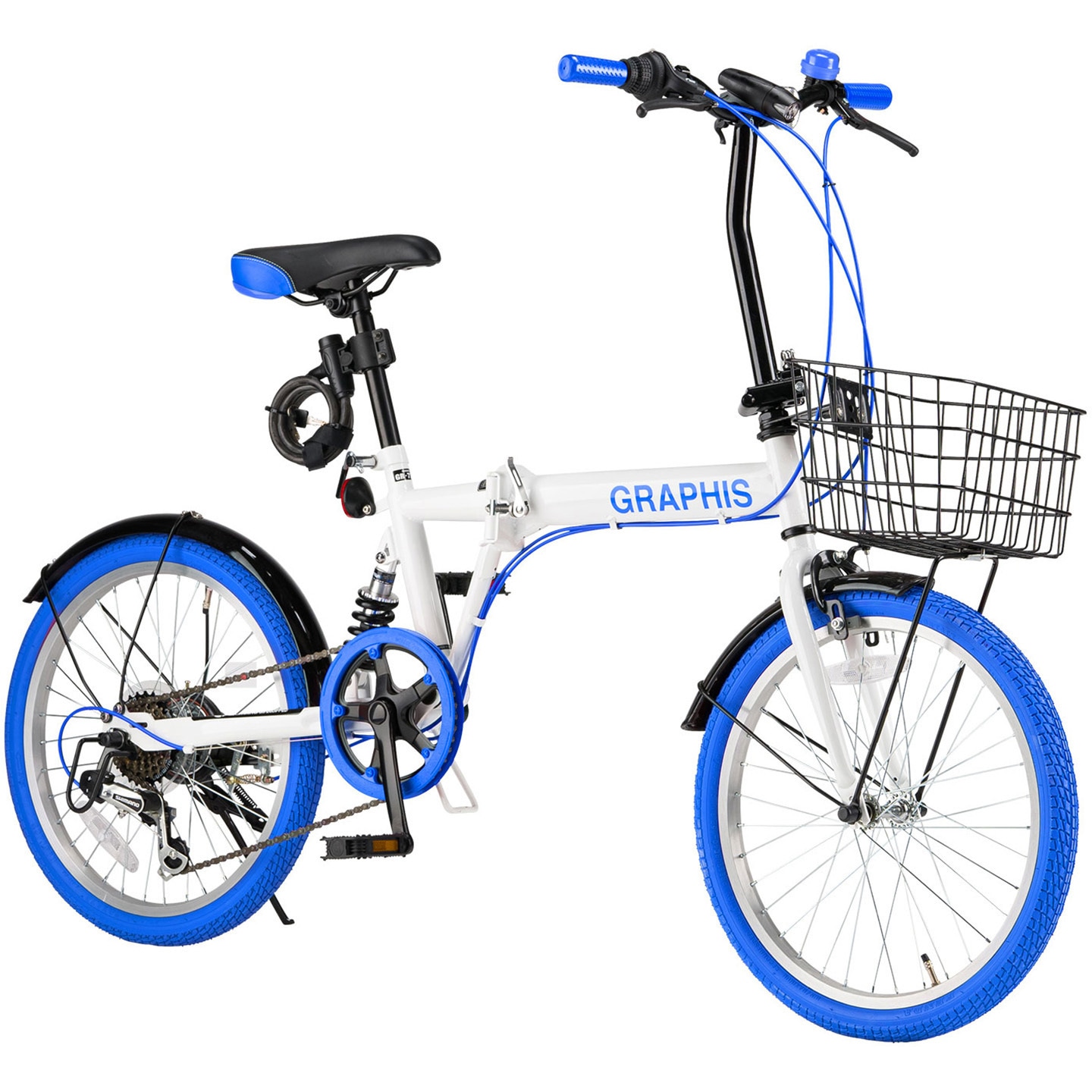 折りたたみ自転車 6段変速 リアサス・カゴ・カギ・ライト付き GRAPHIS