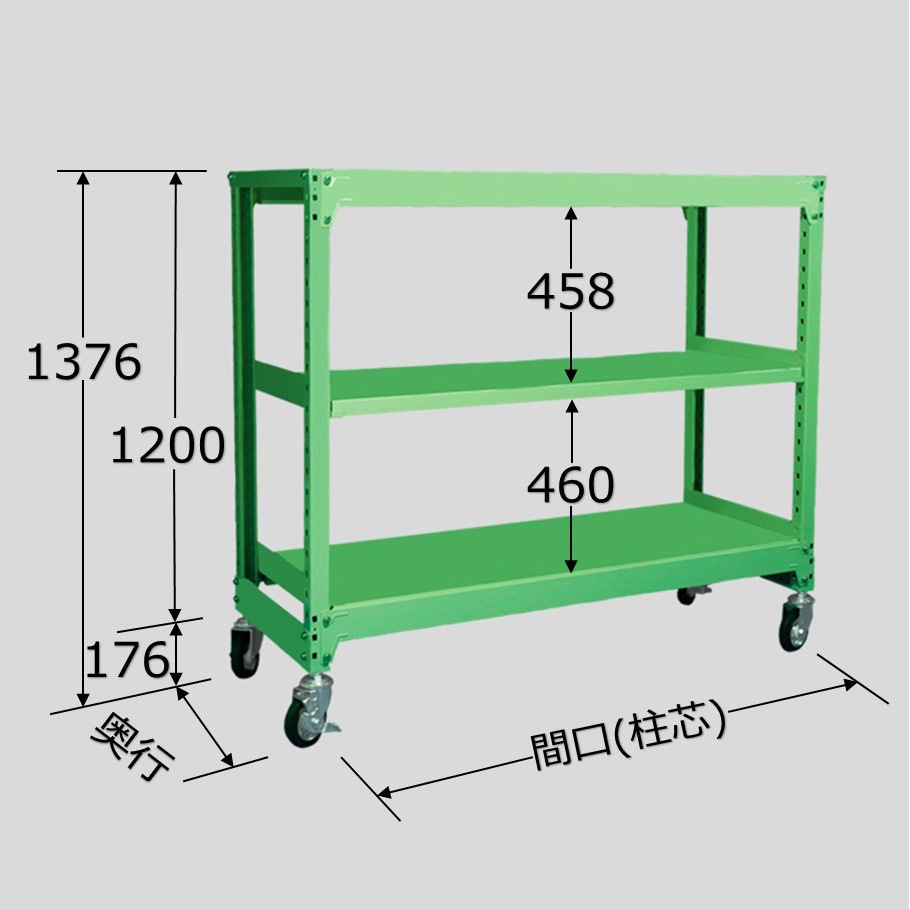 MK1215M03G 中量キャスターラック 50支柱タイプ MKタイプ 扶桑金属工業 棚段数:天地3段 間口1500mm高さ1200mm  MK1215M03G