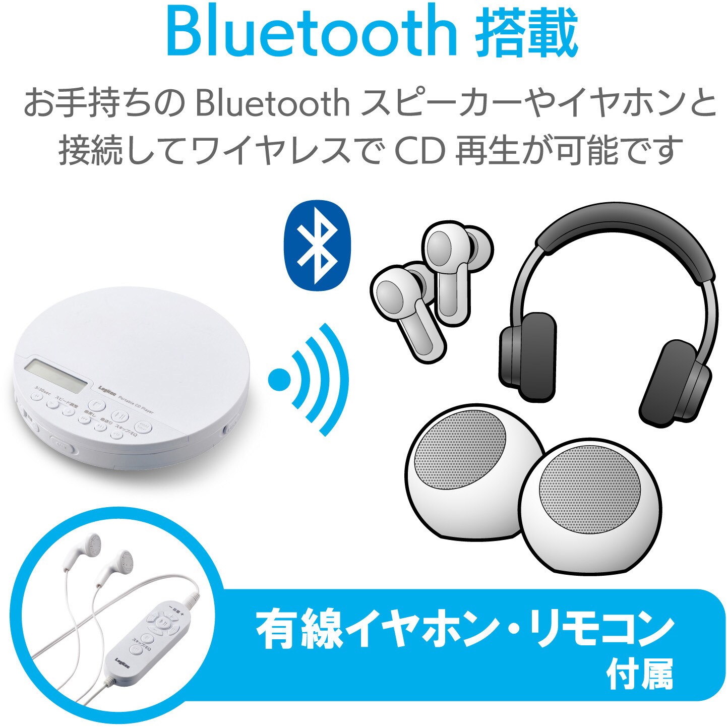 Lcp Pap02bwh ポータブルcdプレーヤー リモコン付属 有線 Bluetooth対応 ホワイト エレコム 対応 Cd Da Mp3 Lcp Pap02bwh 通販モノタロウ 48700357