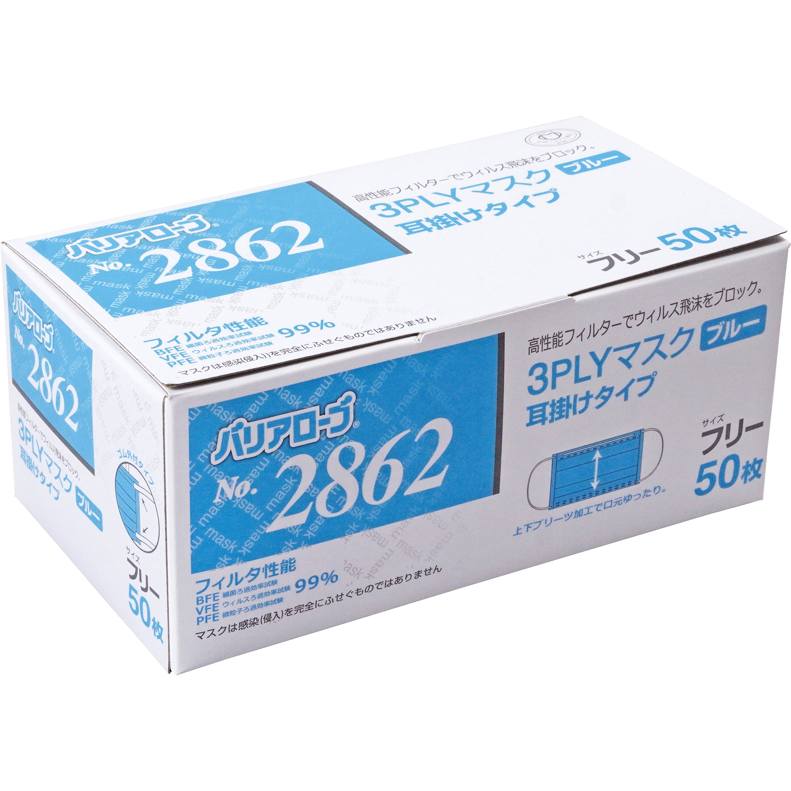 No.2862 3PLY マスク 耳かけ リーブル プリーツ型 50枚入 ブルー色