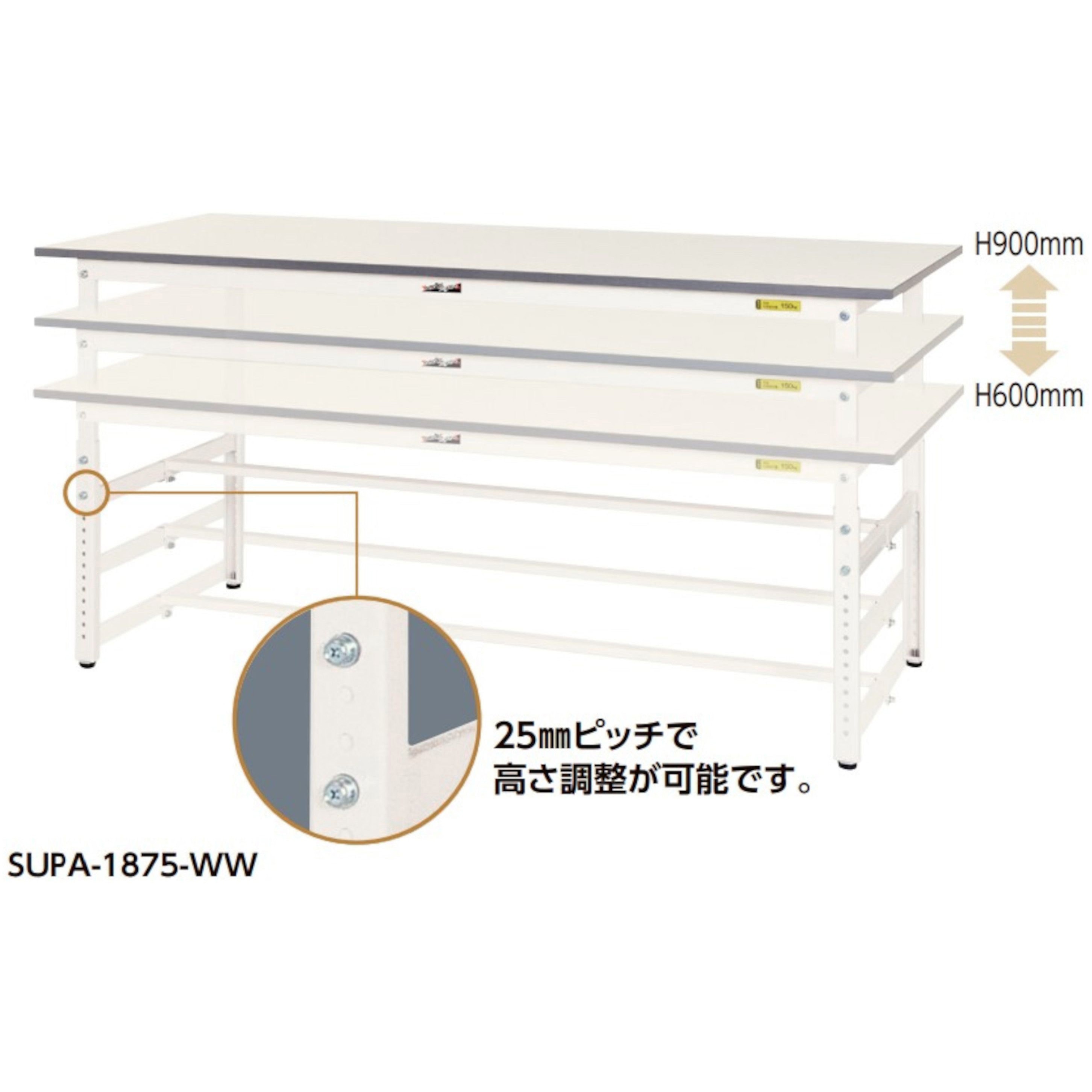 軽量作業台/耐荷重150kg_高さ調整H600～900_ワークテーブル150シリーズ メラミン天板製天板 間口1500mm奥行450mm  SUPA-1545-WW