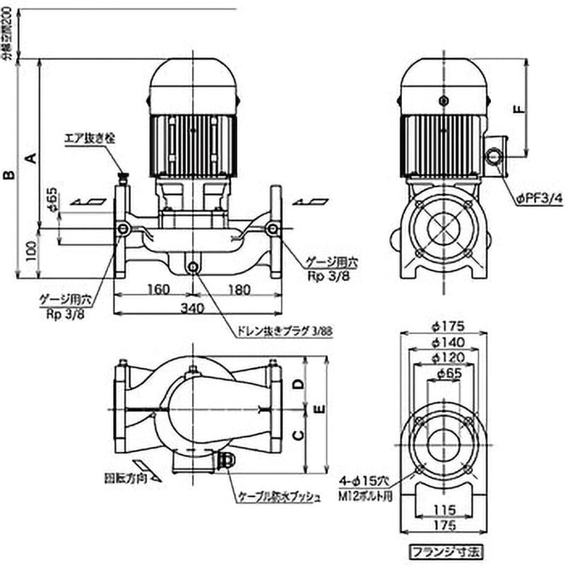 65PBZ-22023B-E3 鋳鉄製ラインポンプ(全閉モータ) 三相電機 口径65(2 1/2B)mm 65PBZ-22023B-E3 -  【通販モノタロウ】