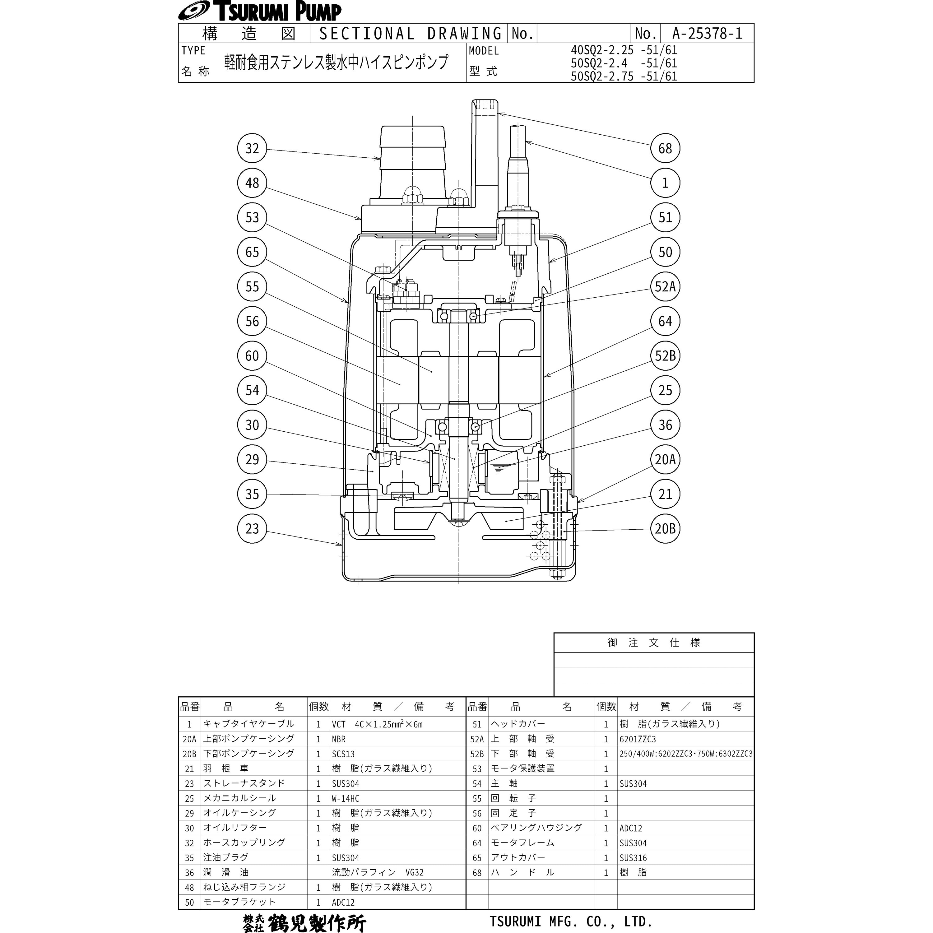 50SQ2-2.75-61 軽耐食用ステンレス製水中ハイスピンポンプ SQ型 鶴見製作所 三200V 非自動形 吐出口径50mm - 【通販モノタロウ】