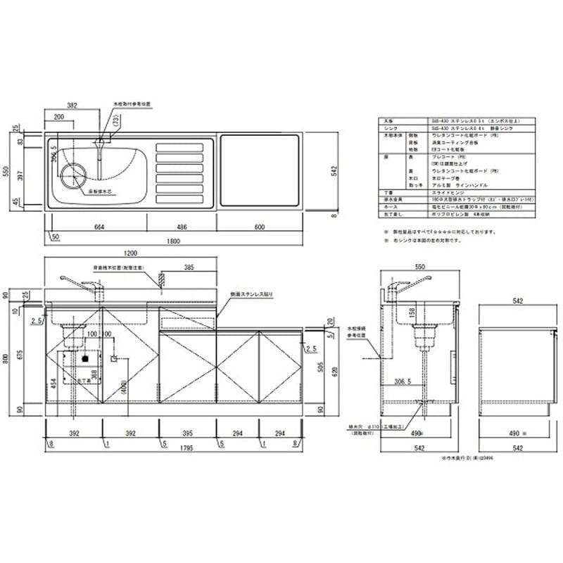 KW1800SGRSW KWシリーズ ガス台付流し台 間口1800mm 1台 アイオ産業 【通販モノタロウ】