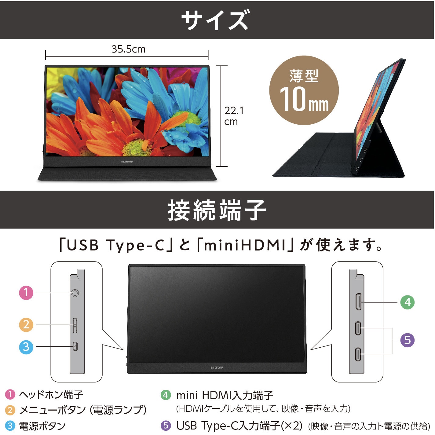 ポータブルモニターDP-DF163S-Bブラック ディスプレイ アイリス