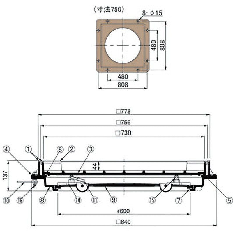 【新古品】敷地内処理装置PJ-5.7 蓋 MWPT-5S 750 化粧蓋 ステンレス目地 密閉形二重蓋(防水・防臭型) 第一