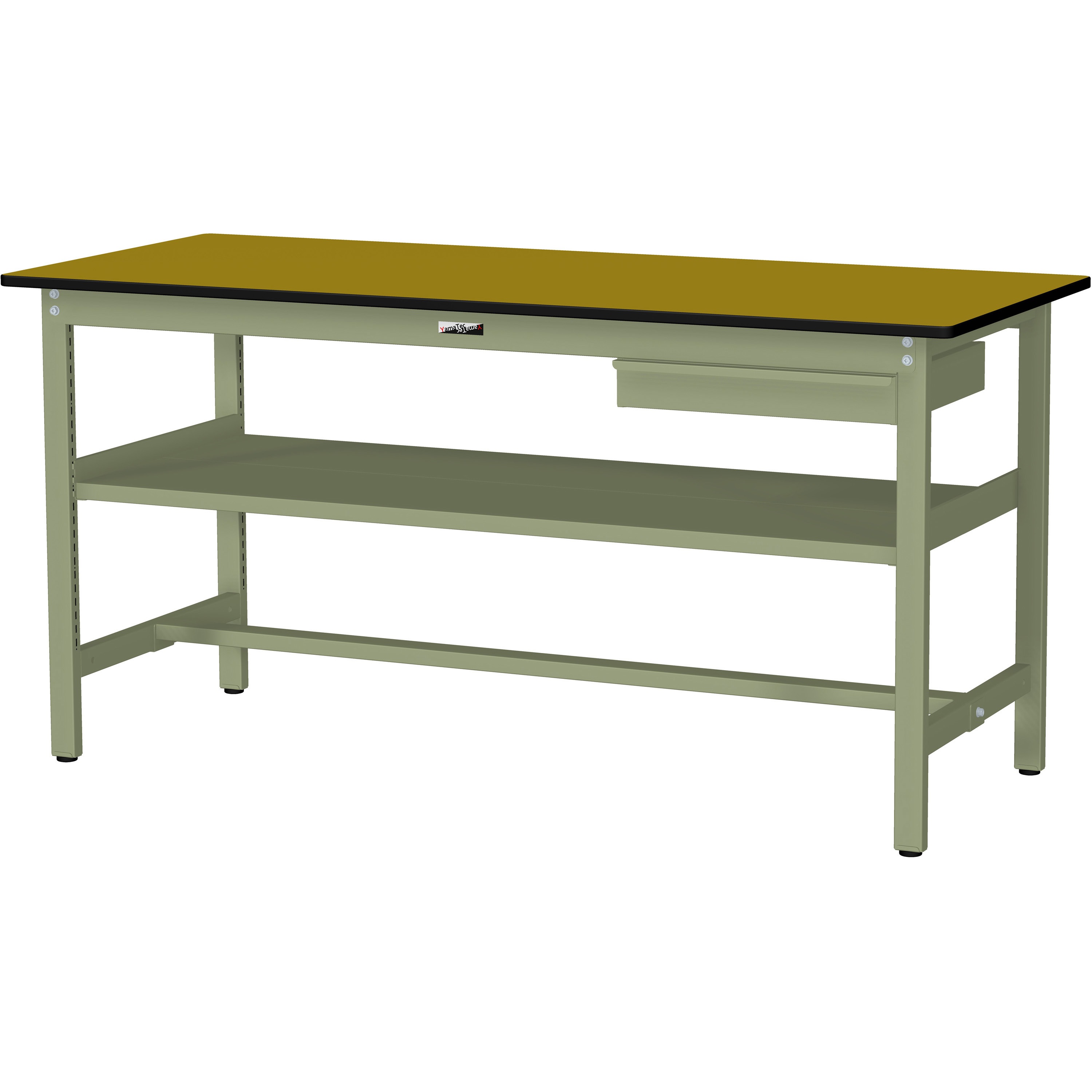 SWPH-1860S2-MG+L1-G ワークテーブル300シリーズH900固定式(中間棚・1段(浅型W500mm)キャビネット付き) 山金工業 ポリエステル製天板 木目柄 間口1800mm奥行600mm