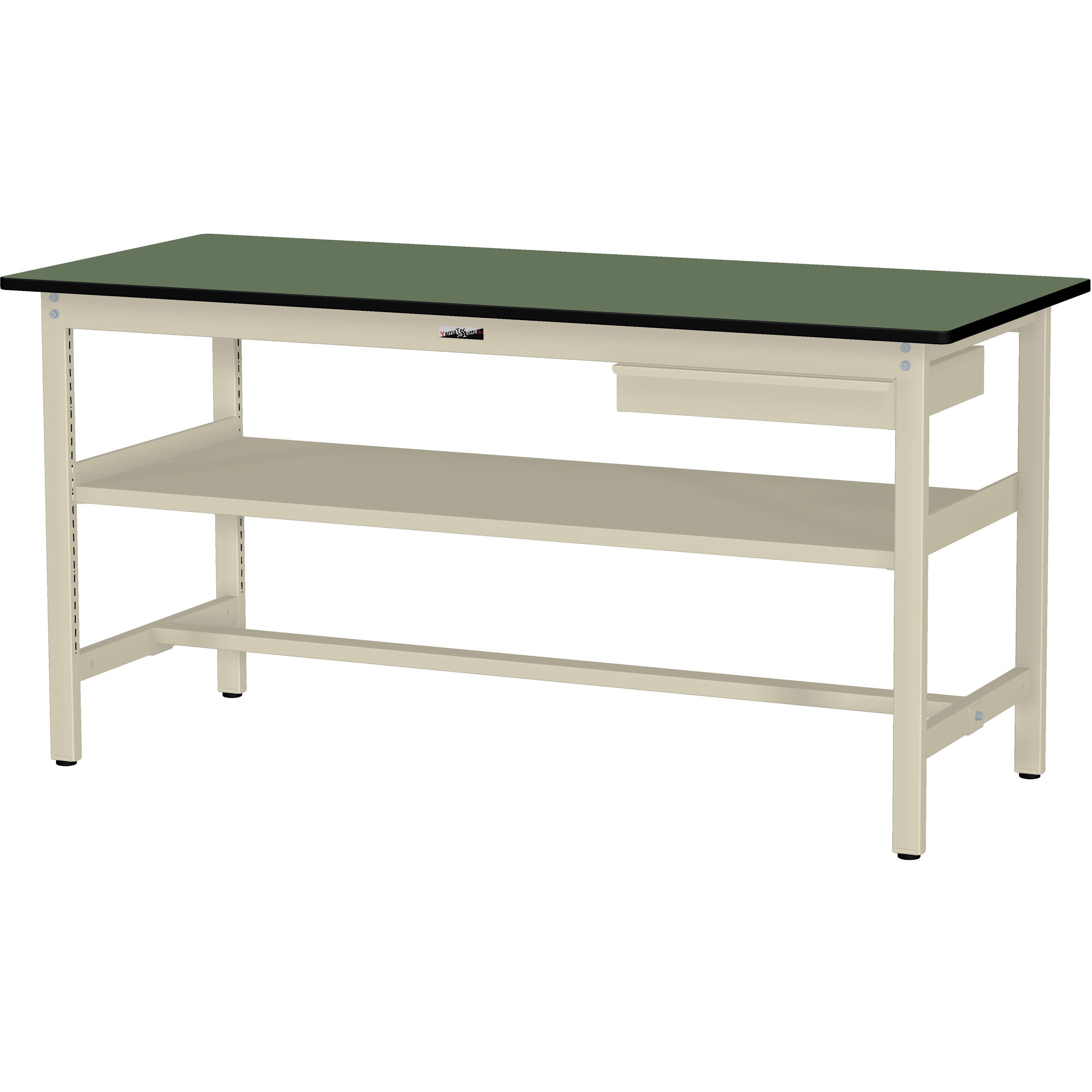 SWRH-1860S2-GI+L1-IV ワークテーブル300シリーズH900固定式(中間棚・1段(浅型W500mm)キャビネット付き) 山金工業 塩ビシート製天板 グリーン 間口1800mm奥行600mm