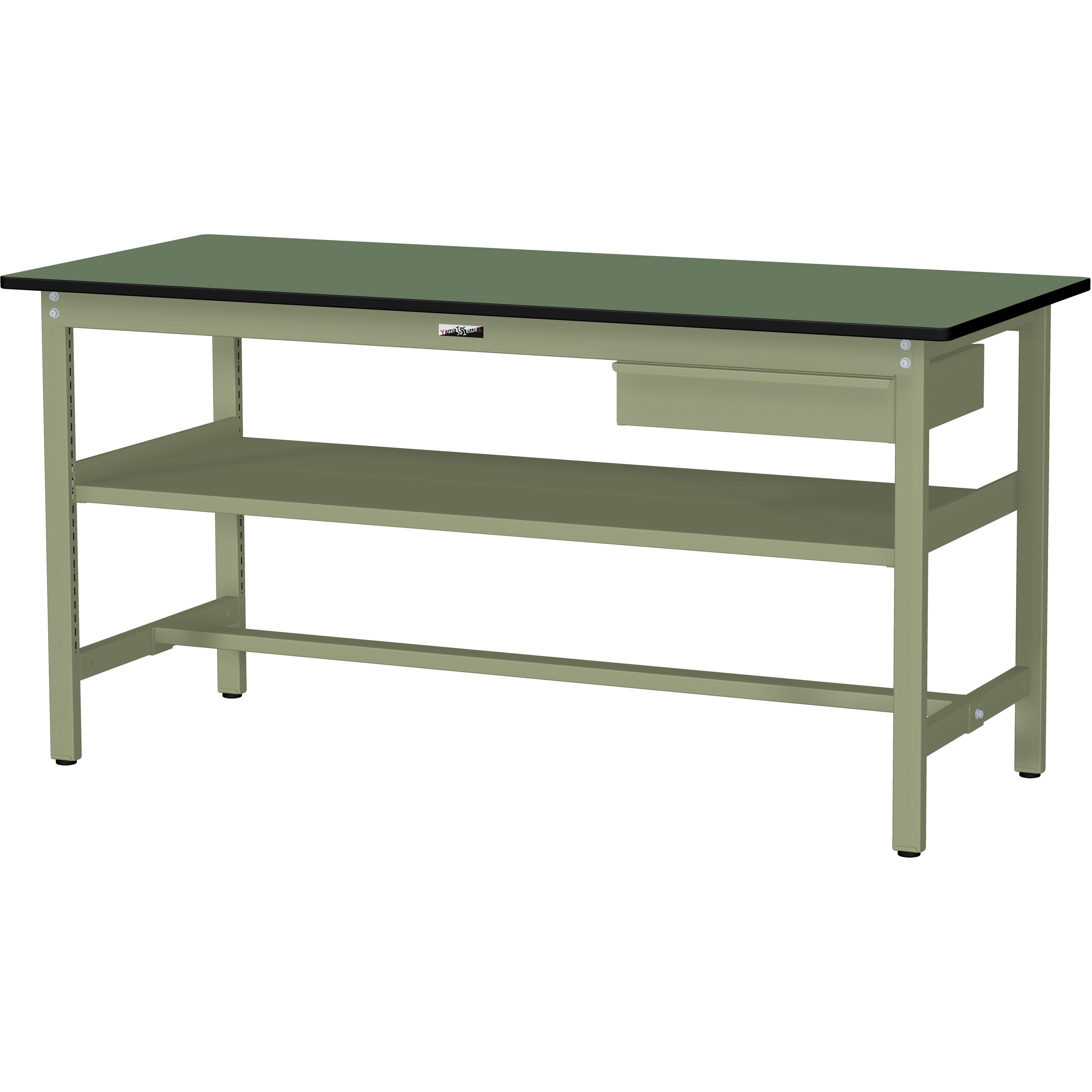 SWRH-1275S2-GG+D1-G ワークテーブル300シリーズH900固定式(中間棚・1段(深型W500mm)キャビネット付き) 山金工業 塩ビシート製天板 グリーン 間口1200mm奥行750mm