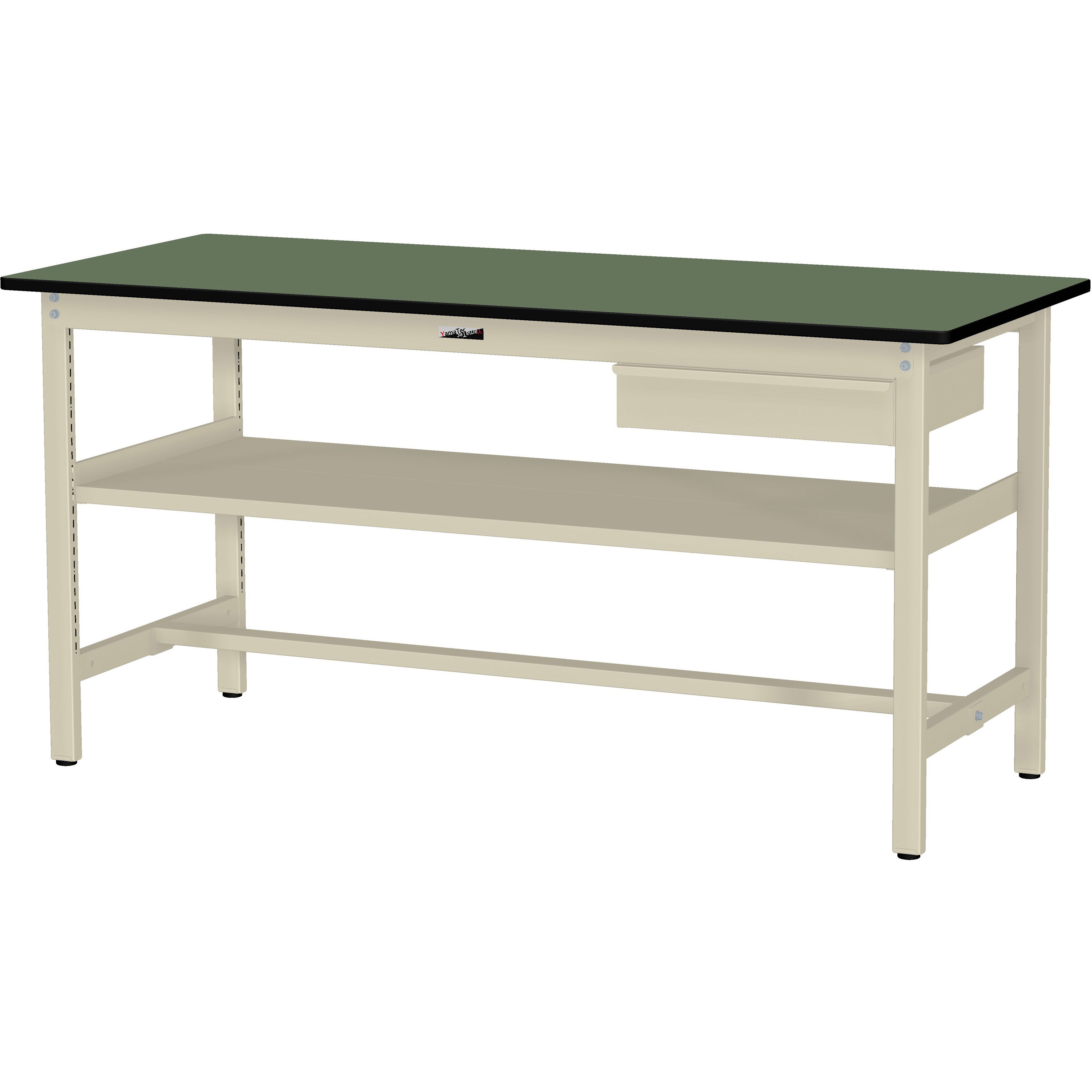 SWRH-1890S2-GI+D1-IV ワークテーブル300シリーズH900固定式(中間棚・1段(深型W500mm)キャビネット付き) 山金工業 塩ビシート製天板 グリーン 間口1800mm奥行900mm