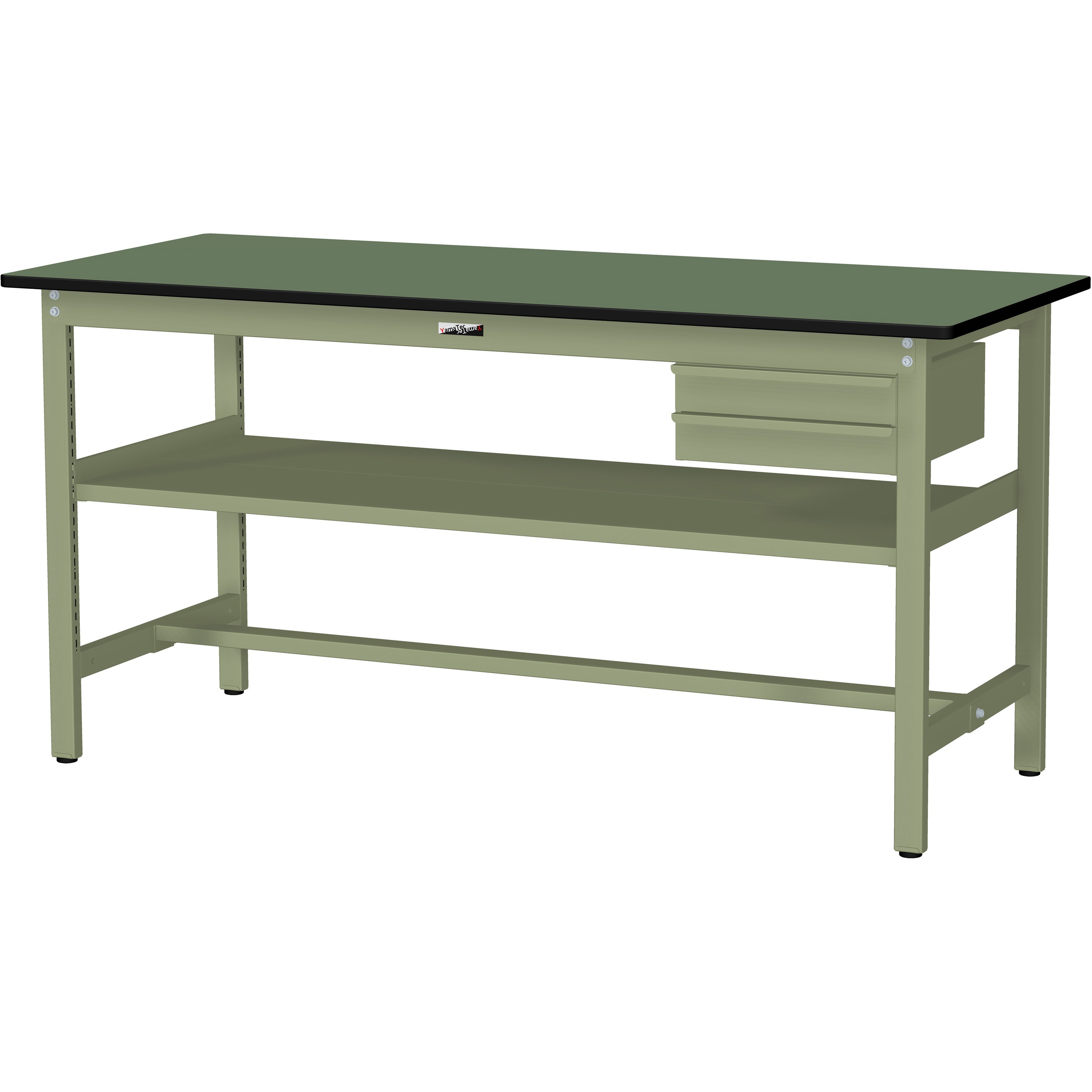 SWRH-1575S2-GG+S2-G ワークテーブル300シリーズH900固定式(中間棚・2段(浅型W394mm)キャビネット付き) 山金工業 塩ビシート製天板 グリーン 間口1500mm奥行750mm