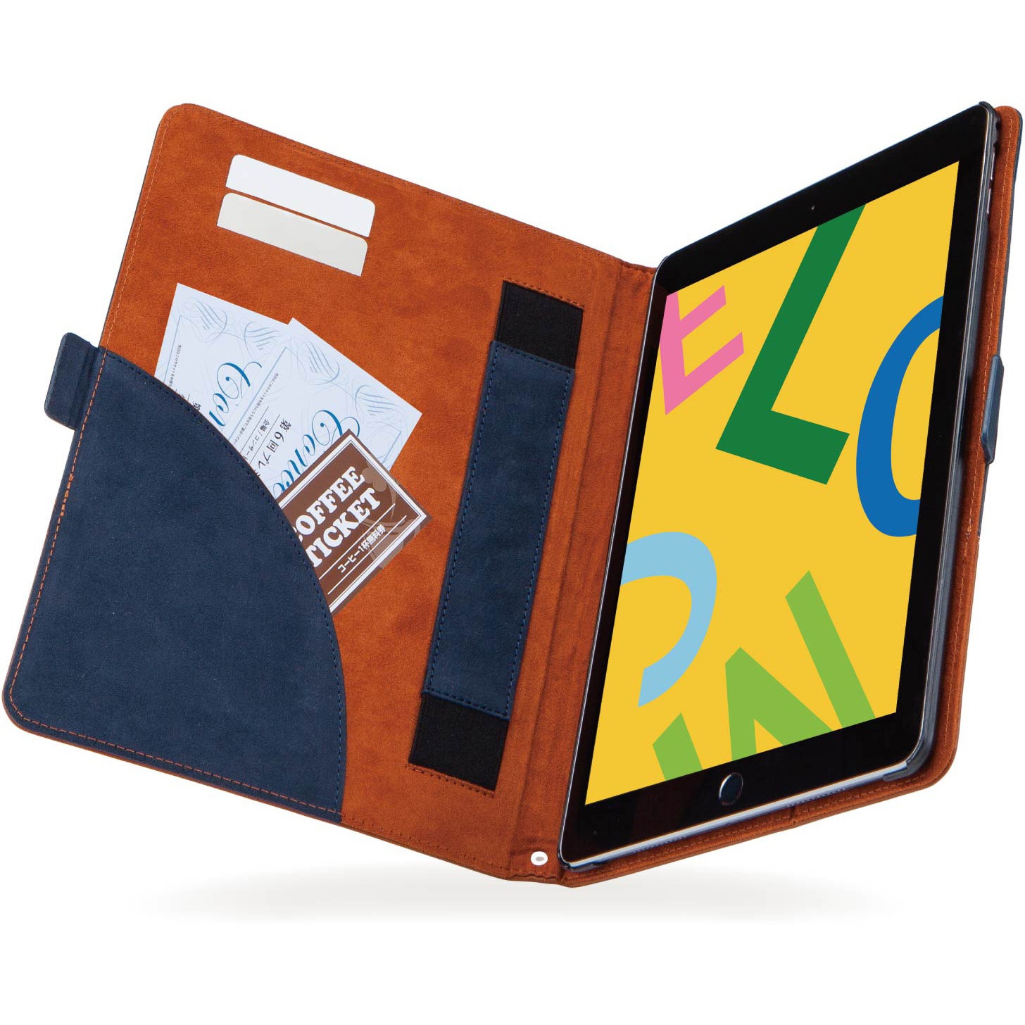 TB-A19RPLFDTNV iPad 10.2インチ 第9/8/7世代 (2021/2020/2019年) ケース カバー 手帳型 フラップ ソフトレザー マグネット ハンドベルト ネイビー×ブラウン 1個 エレコム 【通販モノタロウ】